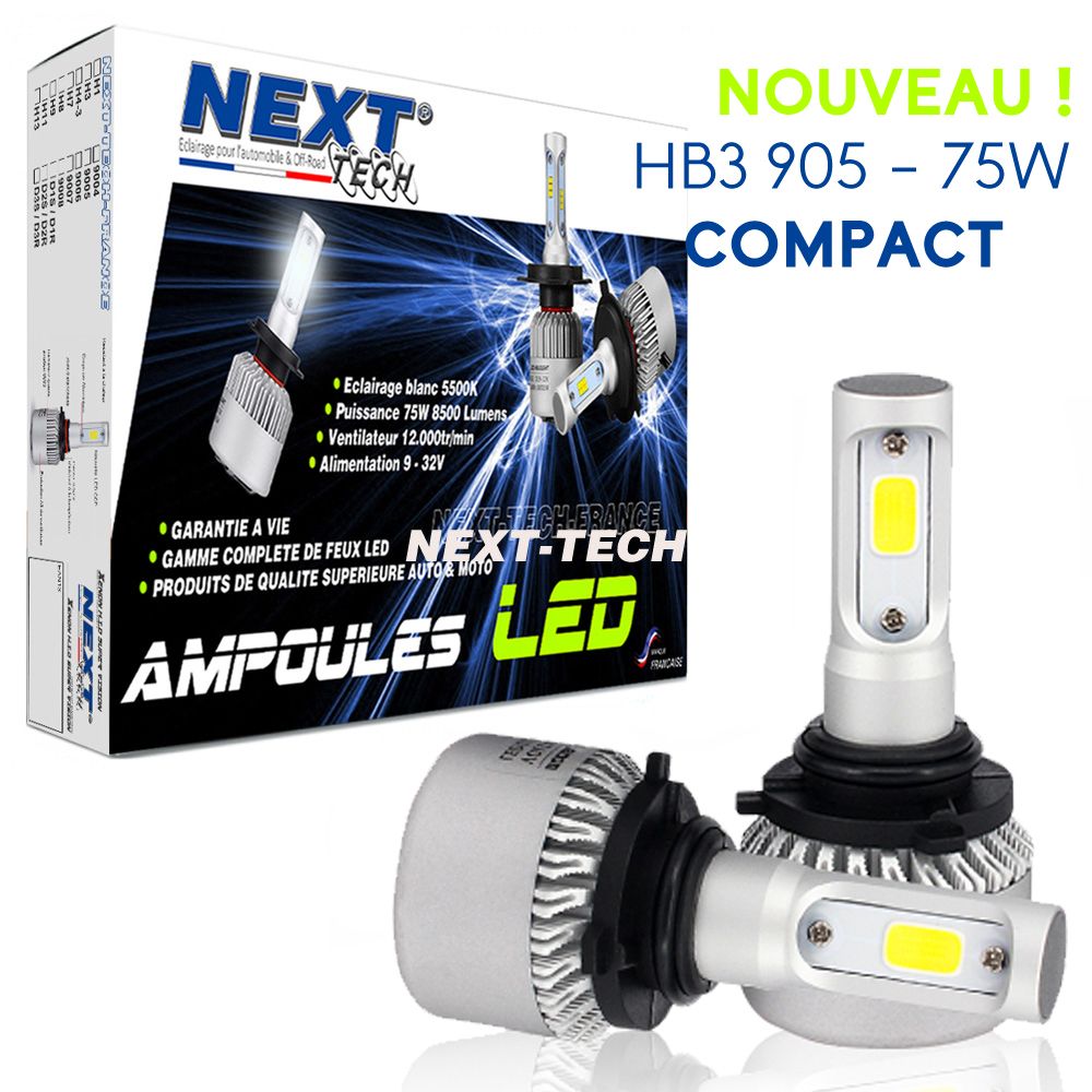 Ampoules LED compactes et ventilées HB3 9005 de 75W, marque Next Tech Swiss, avec étiquette sur le produit présenté dans l'image.