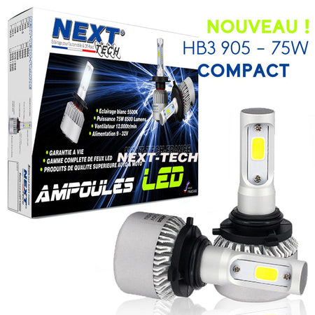 Ampoules LED compactes et ventilées HB3 9005 de 75W, marque Next Tech Swiss, avec étiquette sur le produit présenté dans l'image.
