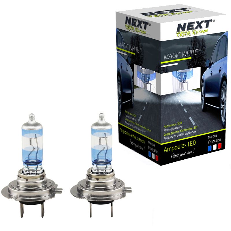 Ampoules effet xenon H7 55W - Magic White V2 4500K - Next Tech Swiss
Deux ampoules de phares de voiture à technologie LED blanche brillante pour une meilleure visibilité sur la route.