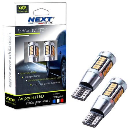 Ampoules LED puissantes Magic White de Next Tech Swiss pour éclairage de votre véhicule, avec design moderne et haute luminosité sans erreur CANBUS.