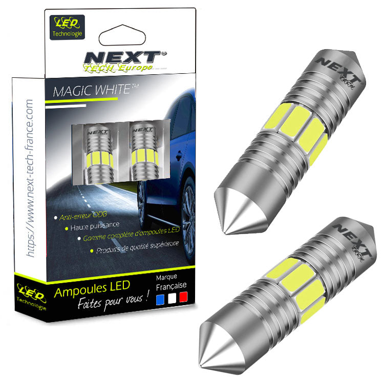 Ampoules LED C10W 360° CANBUS de 41 mm
Boîtier en métal haut de gamme pour un éclairage puissant et durable
Technologie LED Magic White offrant une luminosité blanche intense
Marque de qualité : Next Tech Swiss
Convient parfaitement aux véhicules pour une meilleure visibilité