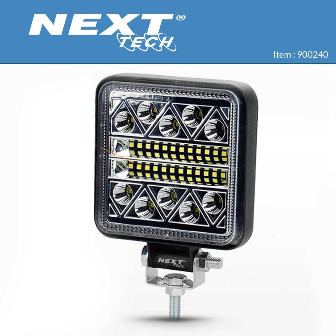 Carré LED extraplat 40W 12V/24V de Next Tech Swiss, phare de forme carrée avec des éléments lumineux disposés en motifs géométriques, idéal pour l'éclairage intense et élargi dans des applications tout-terrain.