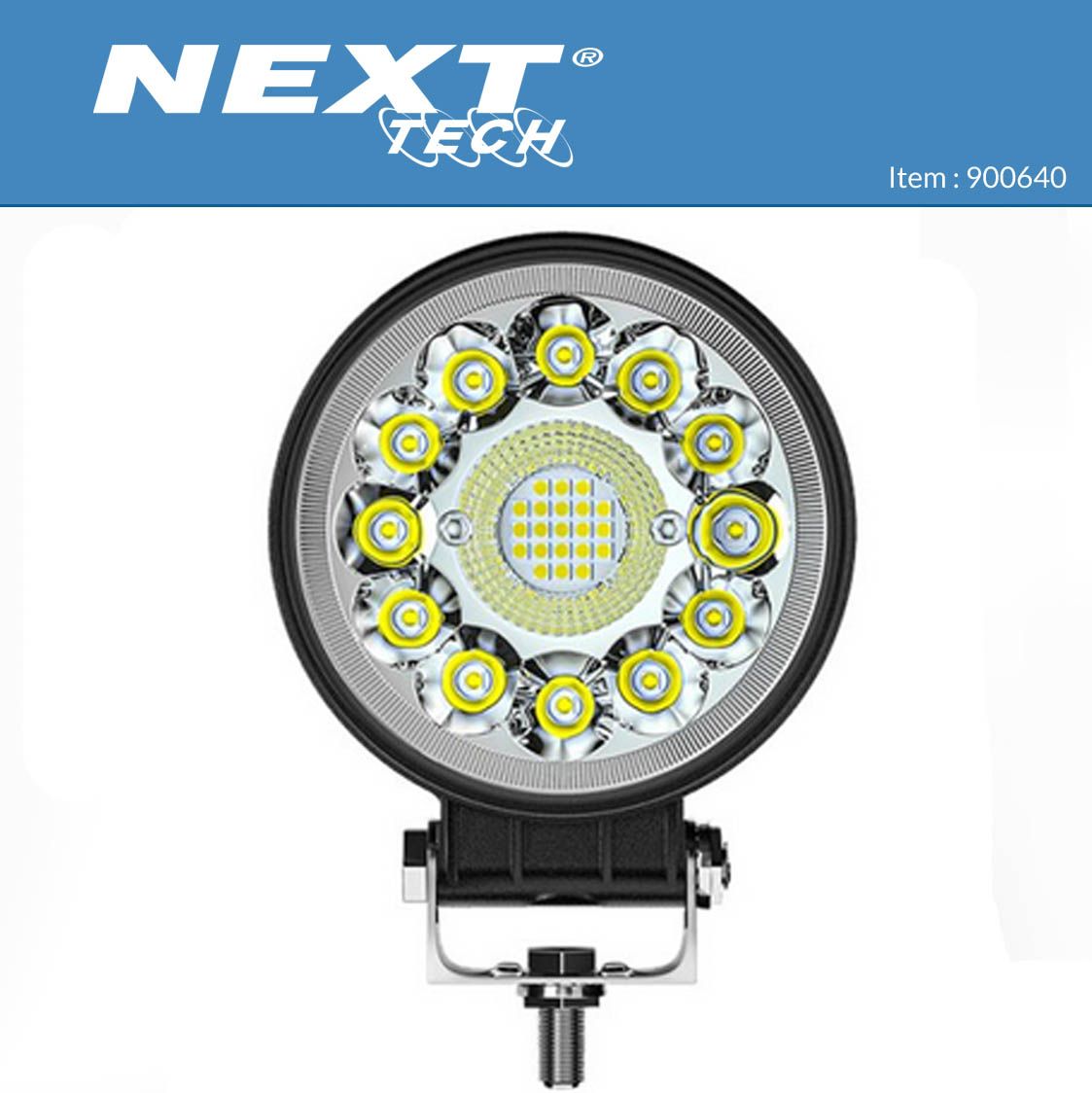 Feu de travail LED rond 50W 12v 24v supplémentaire pour véhicule 4x4, avec boîtier noir et éléments lumineux jaunes disposés en cercle