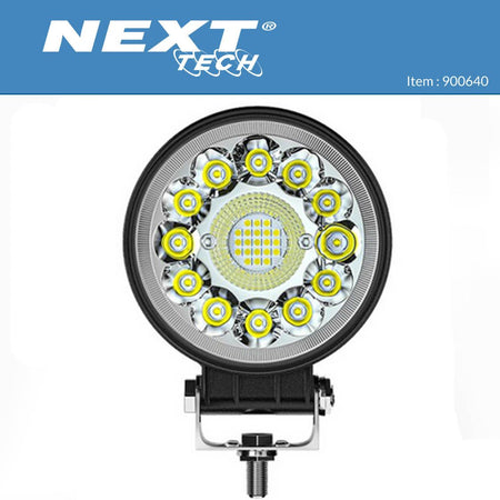 Feu de travail LED rond 50W 12v 24v supplémentaire pour véhicule 4x4, avec boîtier noir et éléments lumineux jaunes disposés en cercle