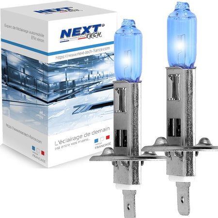 Ampoules HOD H1 100W 6000K - Next-Tech Swiss: Lampes de rechange halogènes haute performance, emballage en boîte de côté avec logo de la marque.