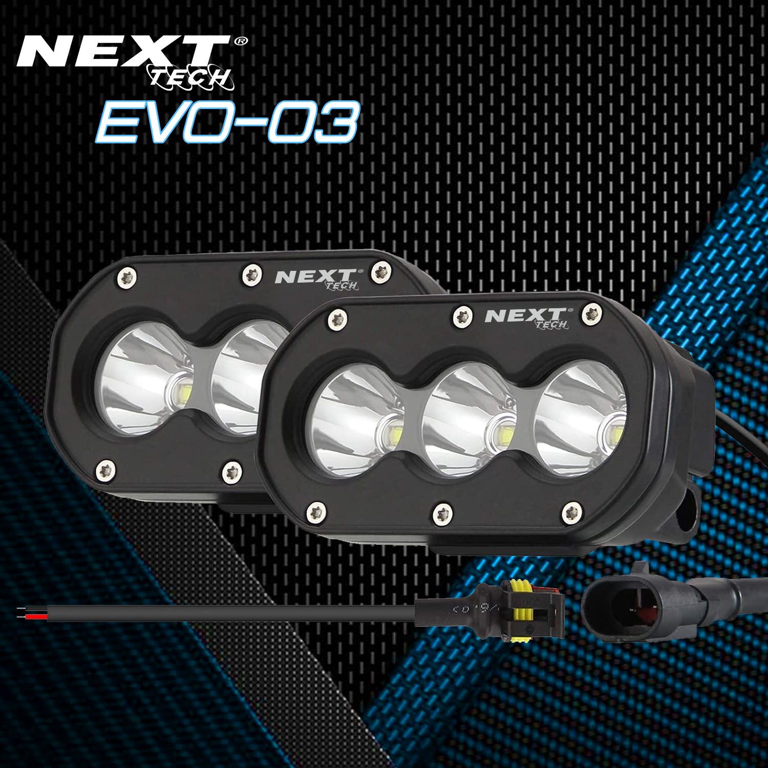 Feux LED longue portée rectangulaires noirs pour moto avec supports de la marque Next Tech Swiss EVO-03