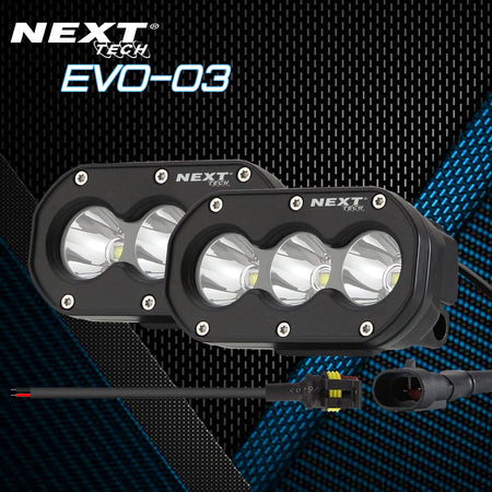 Feux LED longue portée rectangulaires noirs pour moto avec supports de la marque Next Tech Swiss EVO-03