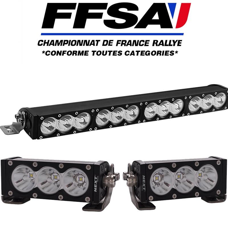Rallye lampe LED homologuée FFSA de 180 W, produite par Next Tech Swiss. Les éléments de cette rampe d'éclairage spécialisée pour la compétition automobile sont visibles sur l'image.