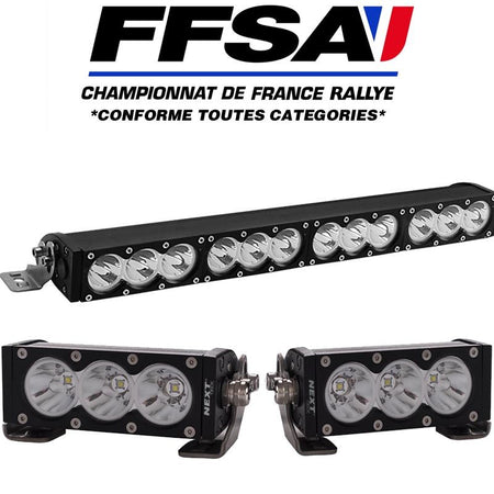 Rallye lampe LED homologuée FFSA de 180 W, produite par Next Tech Swiss. Les éléments de cette rampe d'éclairage spécialisée pour la compétition automobile sont visibles sur l'image.