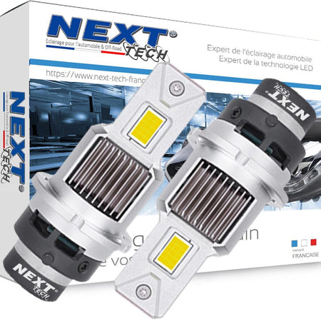 Ampoules D2S LED 65W de taille d'origine, Plug&Play canbus et ventilées, de la marque Next Tech Swiss, installées sur un véhicule.