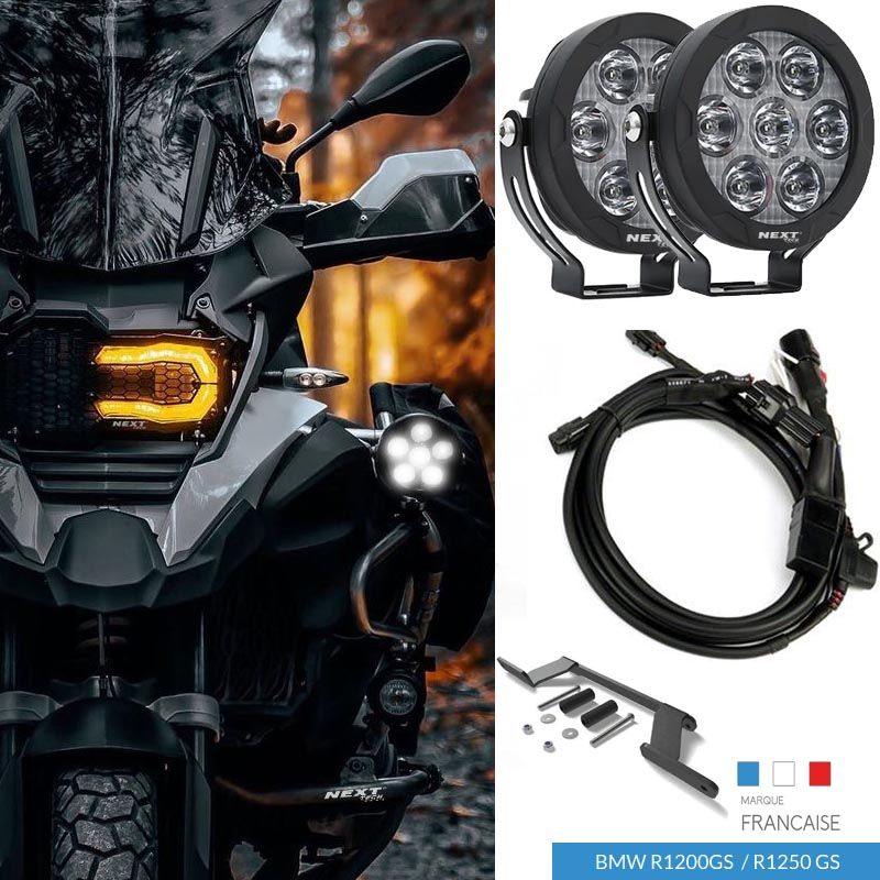 Phares LED de haute qualité ultra-puissants pour moto BMW R1200GS R1250GS de Next Tech Swiss. Éclairage supplémentaire puissant, installation facile.