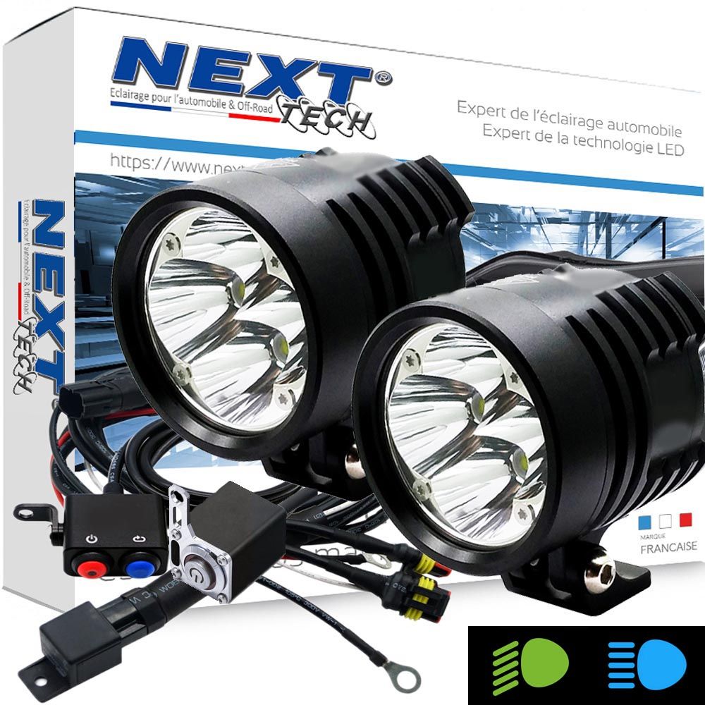 Kit de phares LED additionnels XP4 montré dans l'image, avec feux de croisement et de route puissants. Produit de la marque Next Tech Swiss, spécialisée dans l'éclairage automobile à LED.