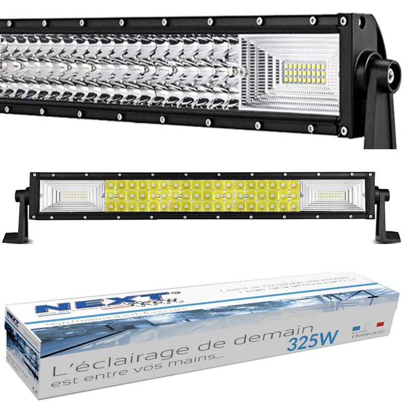 Longue barre LED 4 x 4, 12V/24V, 325W, 550 mm, série NTX, de la marque Next Tech Swiss. L'image montre deux barres lumineuses LED installées sur un support.