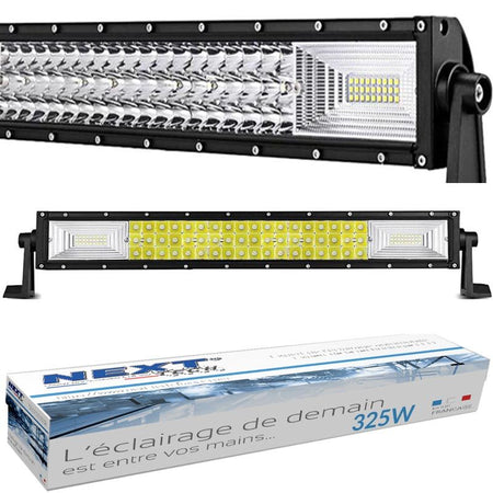 Longue barre LED 4 x 4, 12V/24V, 325W, 550 mm, série NTX, de la marque Next Tech Swiss. L'image montre deux barres lumineuses LED installées sur un support.